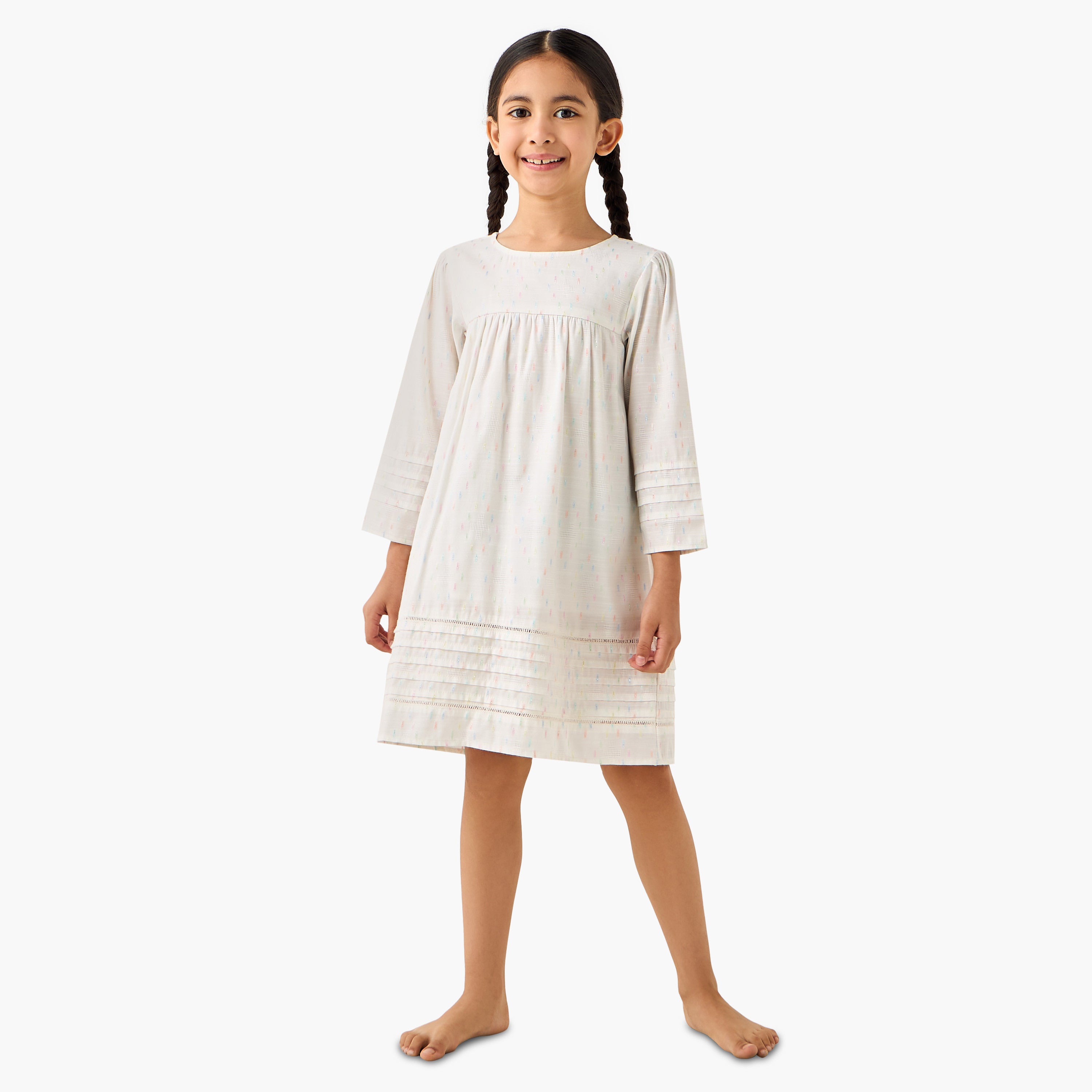 Juniors Cotton Round Neck Long Sleeves Night Dress with Textured Design