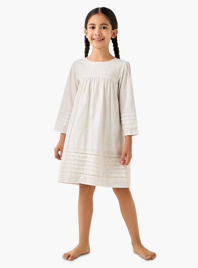 Juniors Cotton Round Neck Long Sleeves Night Dress with Textured Design-girls-clothing-nightwear-image-2
