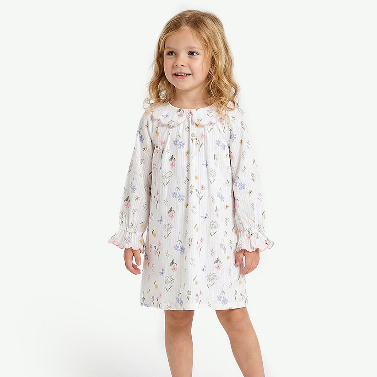 Juniors Cotton Peter Pan Collar Long Sleeves Night Dress with Floral Print - Cream / 7-8 yrs