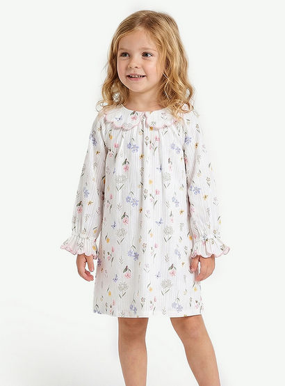 Juniors Cotton Peter Pan Collar Long Sleeves Night Dress with Floral Print-girls-clothing-nightwear-image-1