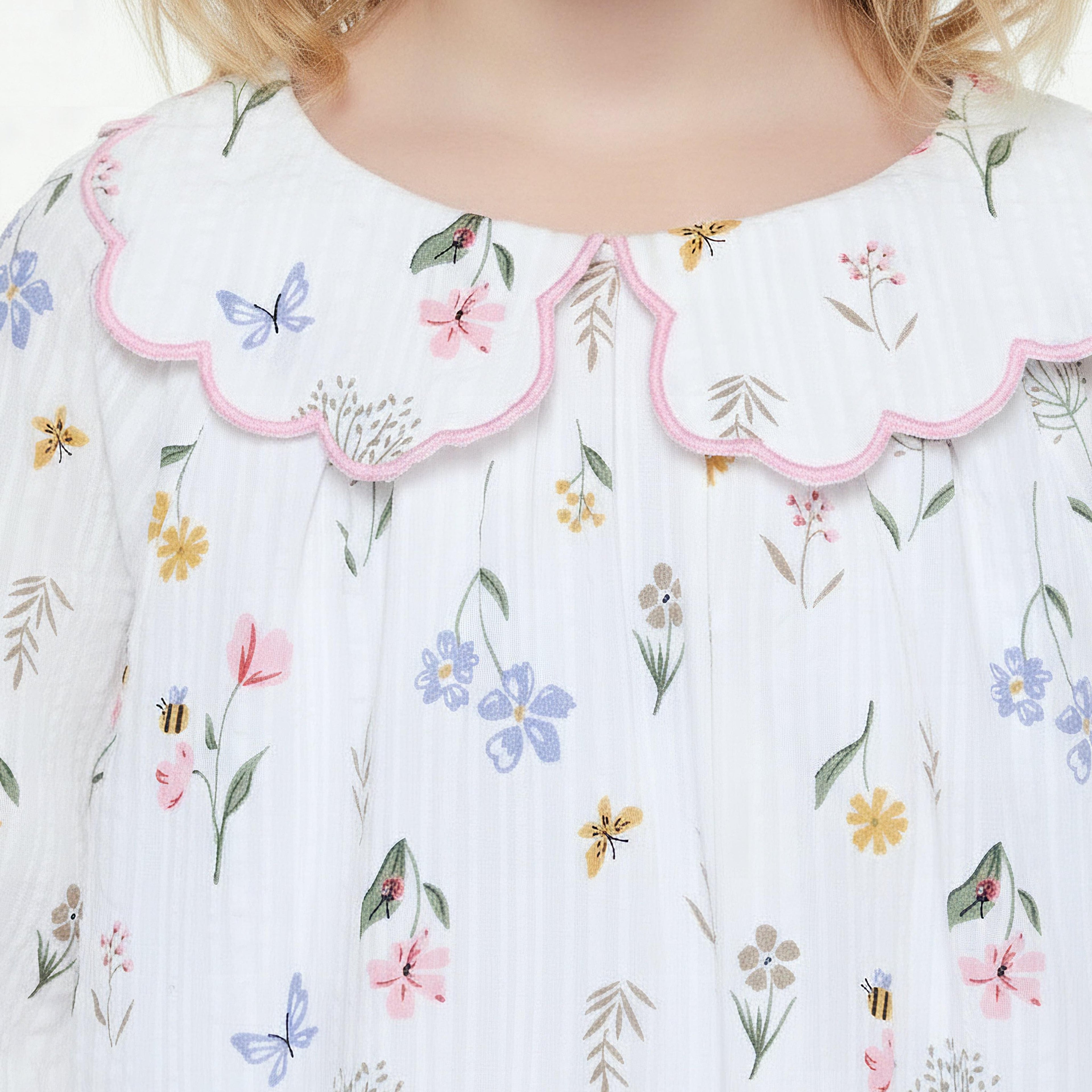 Juniors Cotton Peter Pan Collar Long Sleeves Night Dress with Floral Print