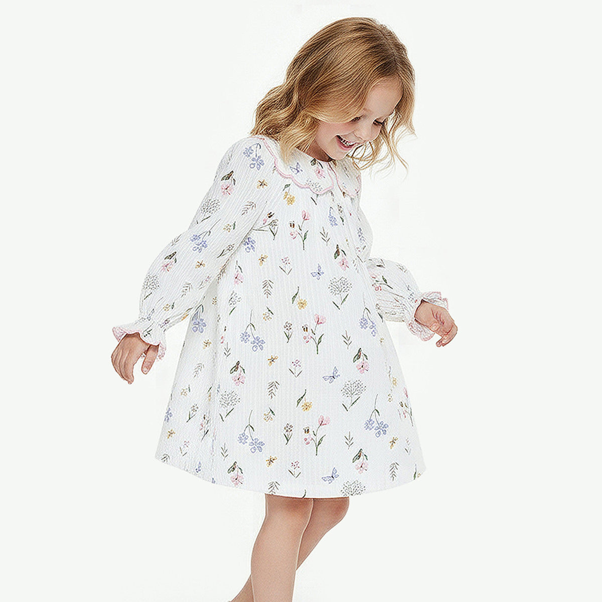 Juniors Cotton Peter Pan Collar Long Sleeves Night Dress with Floral Print