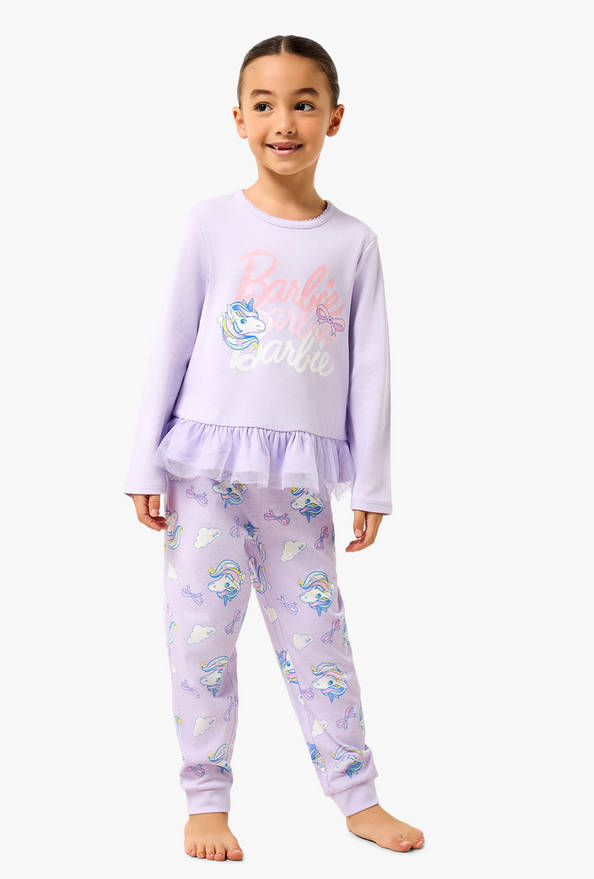 Cotton Crew Neck Long Sleeves Pyjama Set with Barbie Print