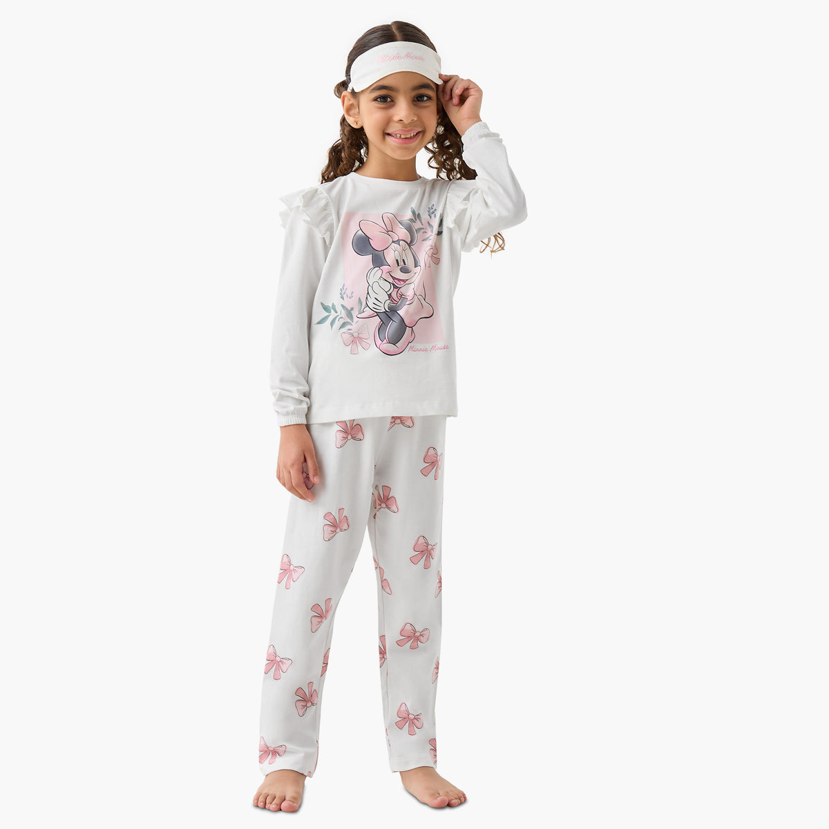 Disney Cotton Round Neck Long Sleeves Pyjama Set with Eye Mask and Minnie Mouse Print