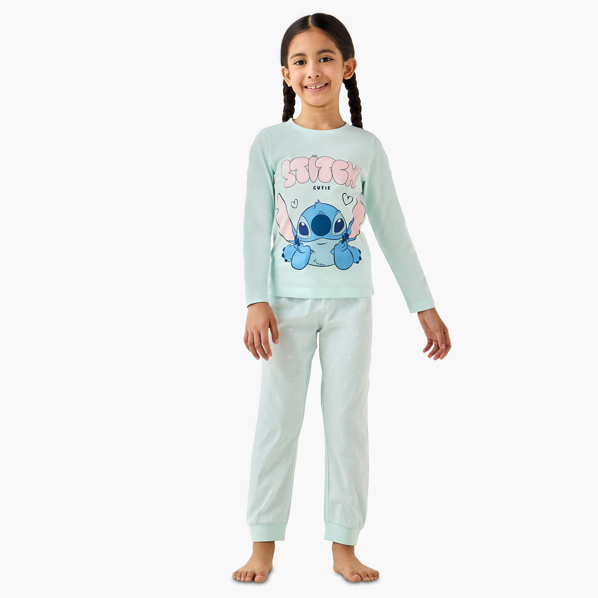 Pack of 2 Disney Cotton Round Neck Long Sleeves Pyjama Set with Stitch Print