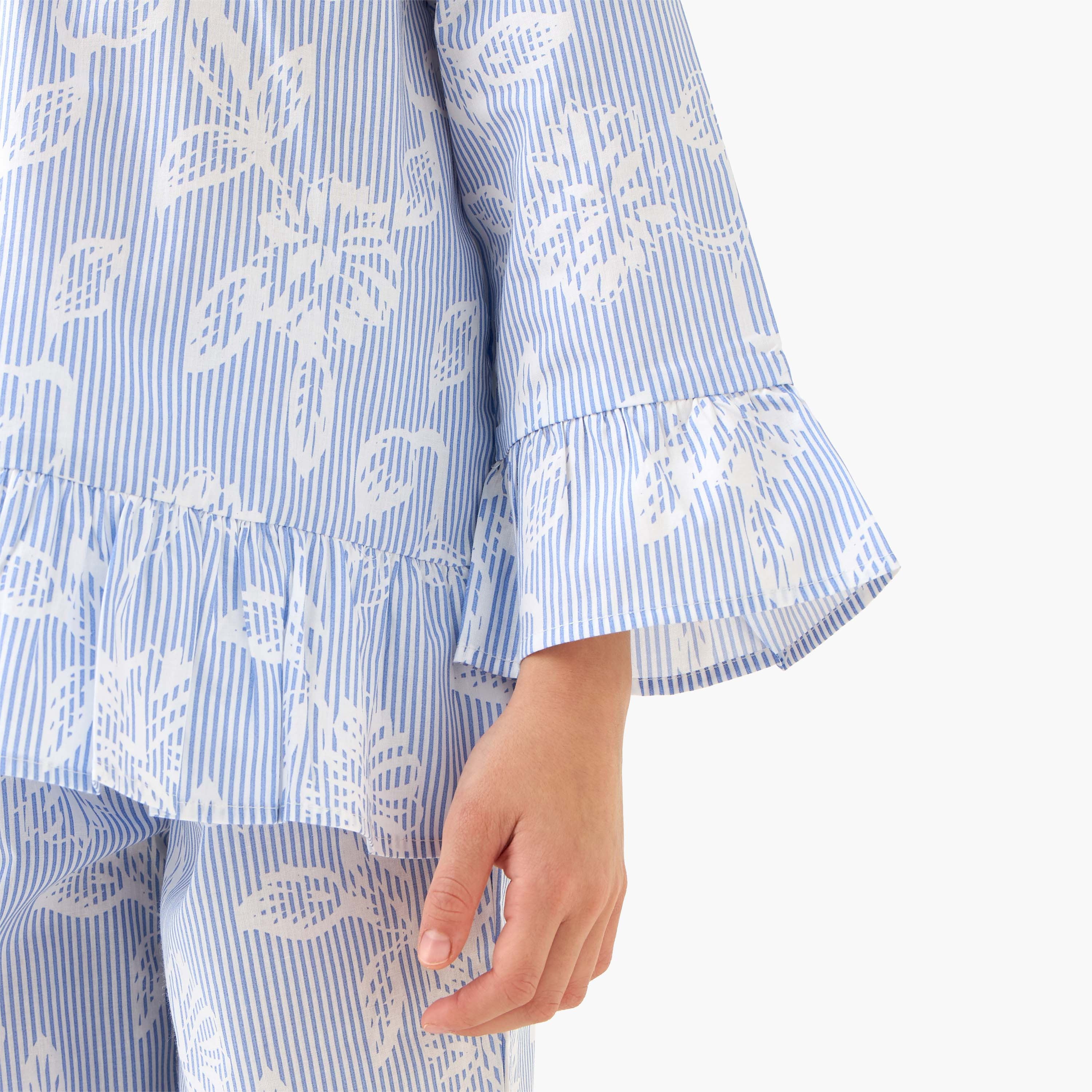 Juniors Cotton Ruffled Neck Long Sleeves Pyjama Set with Floral Print