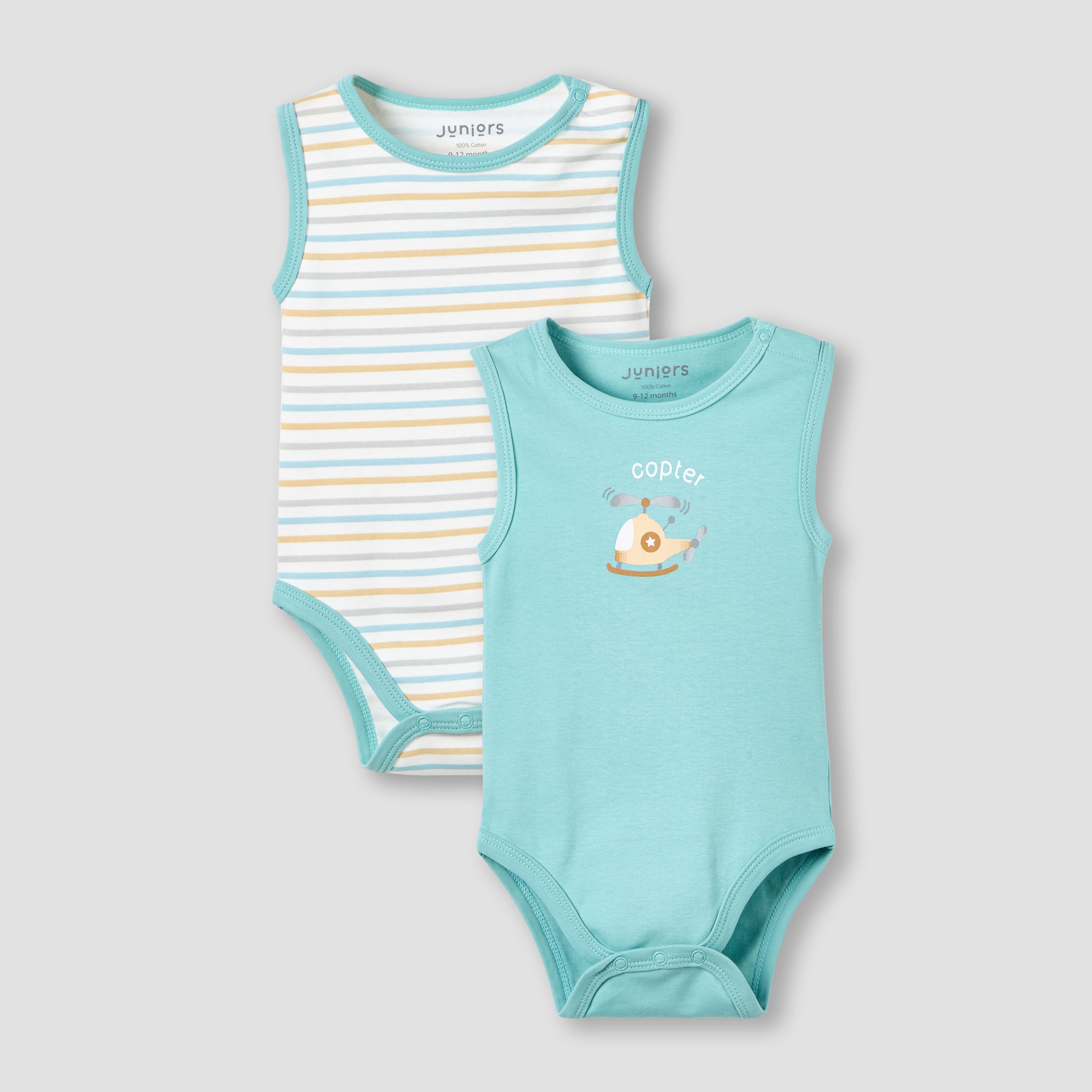 Pack of 2 Juniors Round Neck Sleeveless Bodysuit with Snap Button Closure - Blue / 12-18 mths