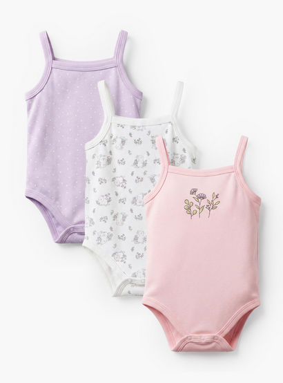 Pack of 3 Juniors Cotton Square Neck Sleeveless Bodysuit with Botanical Print-baby-girls-clothing-bodysuits-image-1