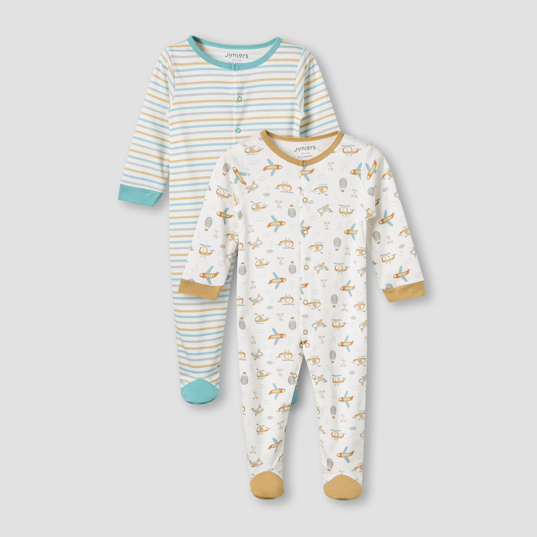 Juniors Cotton Round Neck Long Sleeves Sleepsuit with Snap Button Closure - Pack of 2