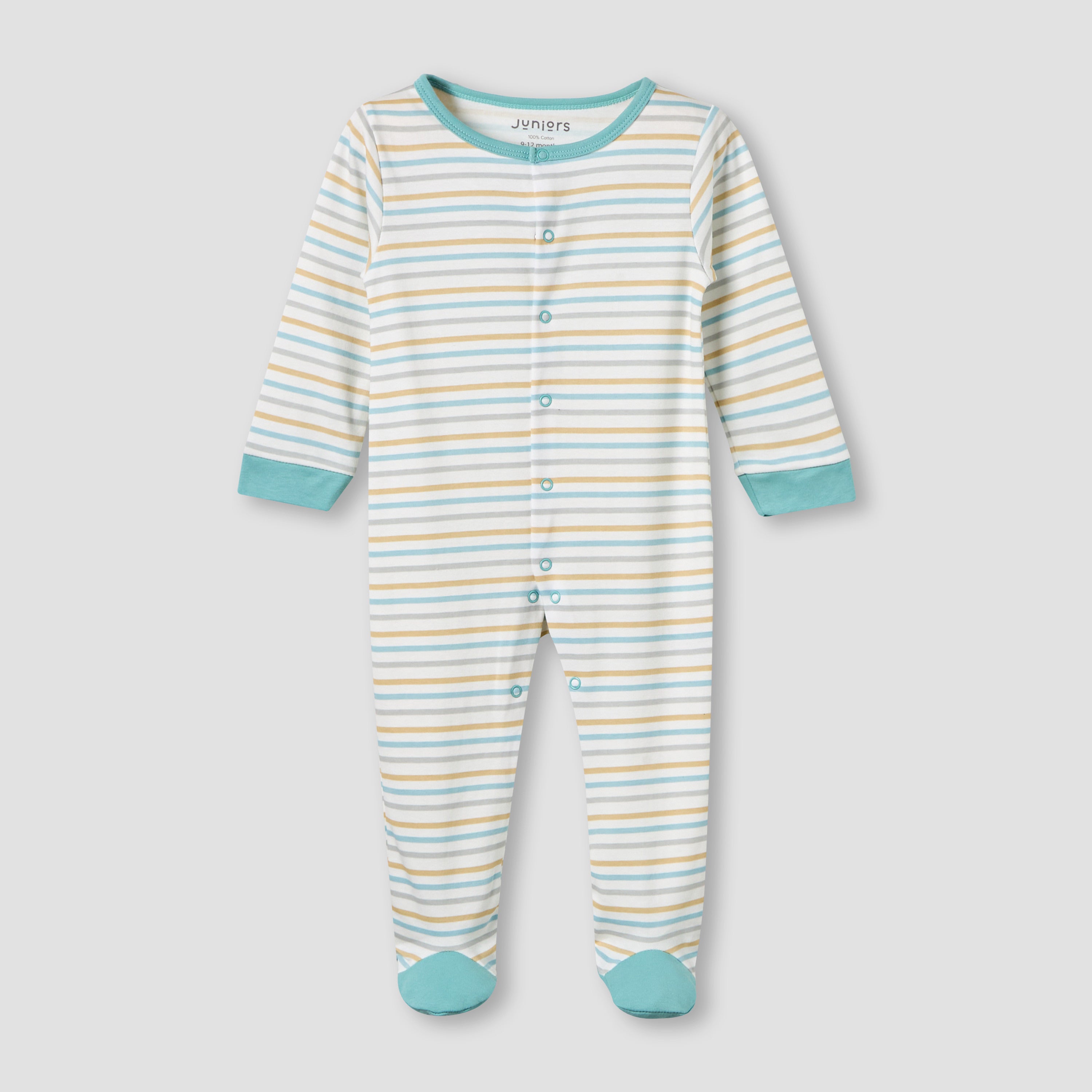 Juniors Cotton Round Neck Long Sleeves Sleepsuit with Snap Button Closure - Pack of 2