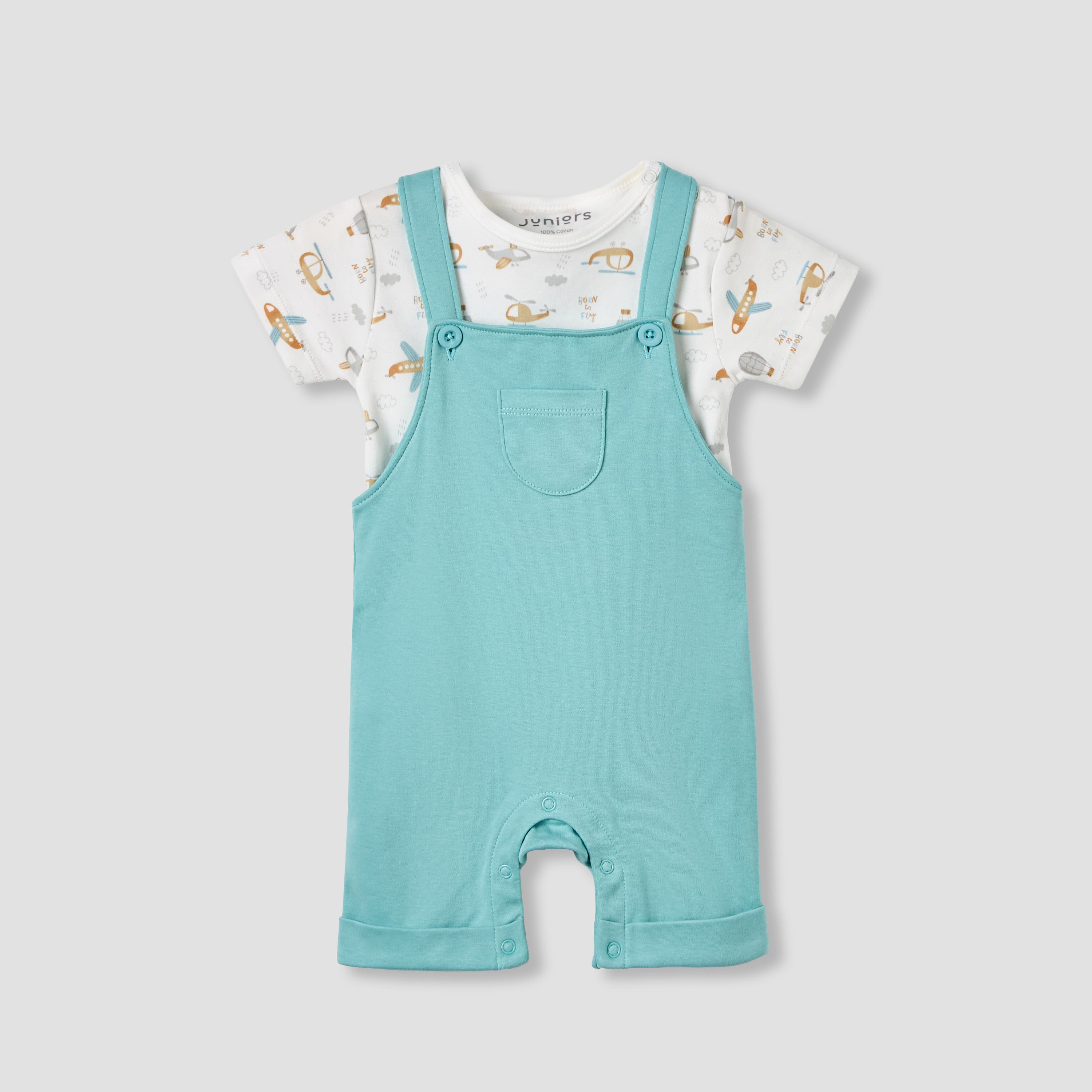 Juniors Crew Neck Short Sleeves Dungaree with Pocket - Blue / 12-18 mths