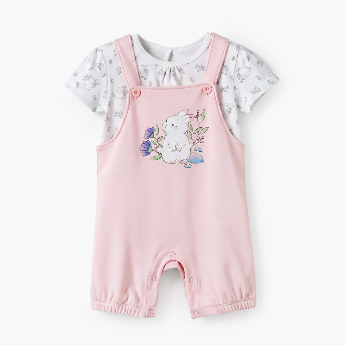 Juniors Round Neck Short Sleeves Top and Dungaree Set with Bunny Print - Pink / 12-18 mths