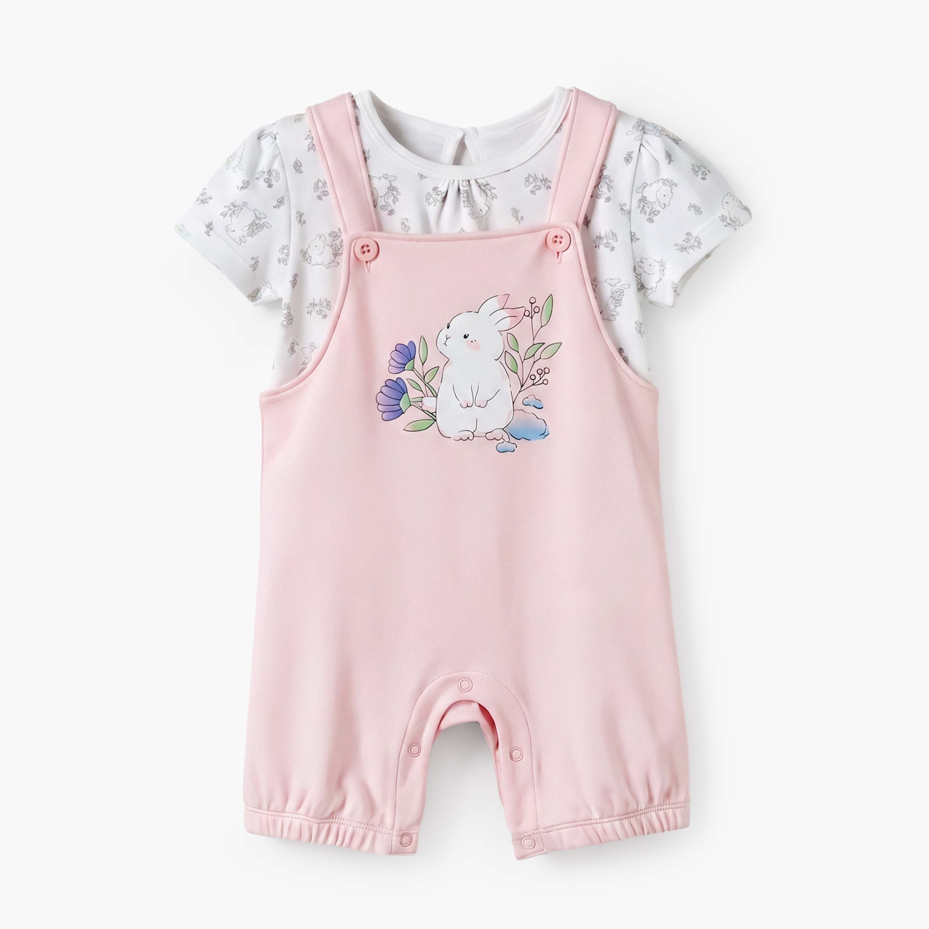 Juniors Round Neck Short Sleeves Top and Dungaree Set with Bunny Print - Pink / 12-18 mths