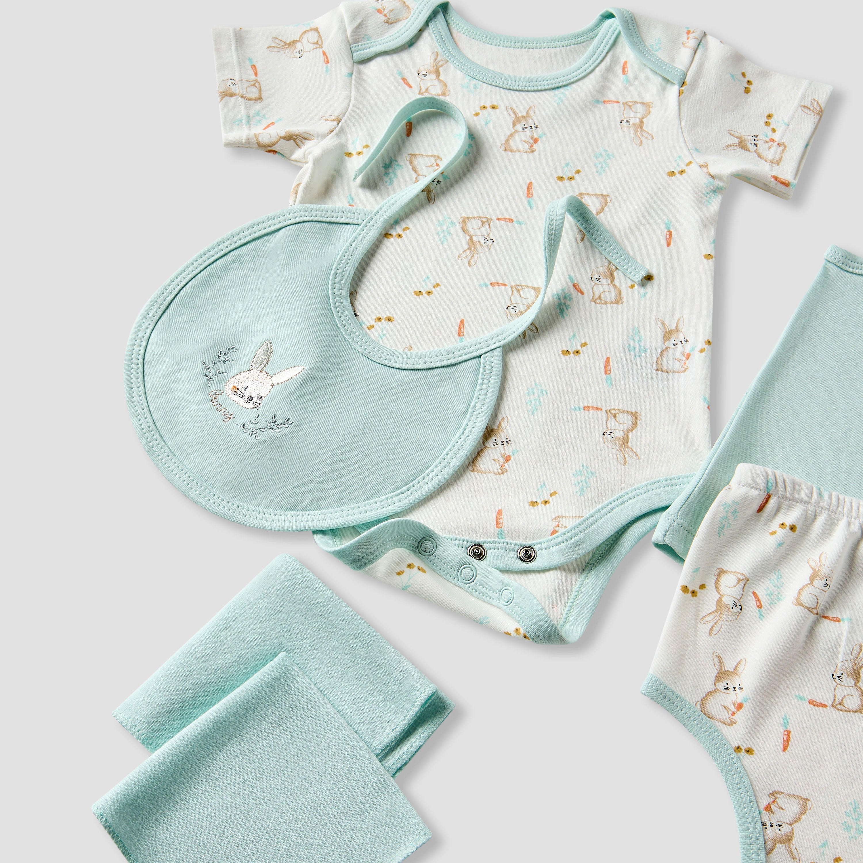 Juniors Girls 7-Piece Gift Set - Soft Cotton - Bodysuit, Bib, Booties - Bunny Print