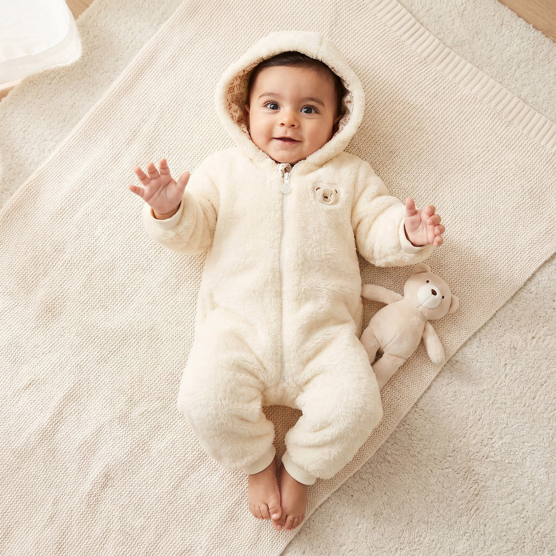 Juniors Plush Hooded Coverall with Embroidery Detail