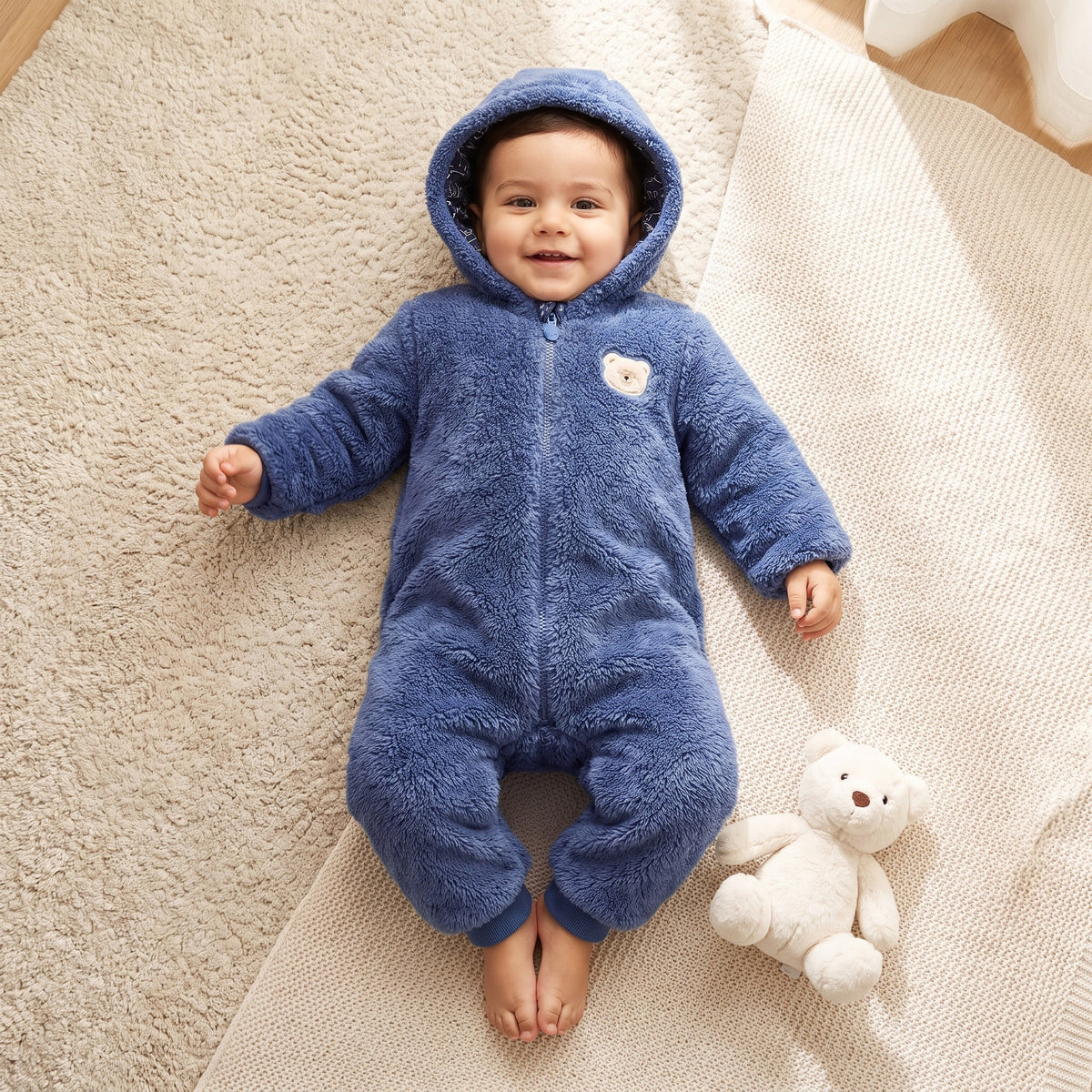 Juniors Plush Hooded Coverall with Embroidery Detail
