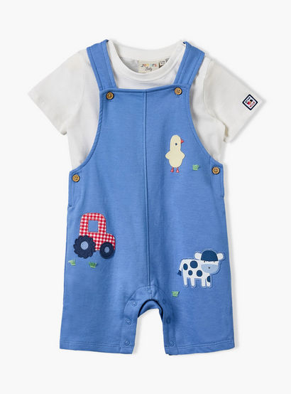 Juniors Round Neck Short Sleeves T-shirt and Dungaree Set with Applique-baby-boys-clothing-setsandcoords-image-2