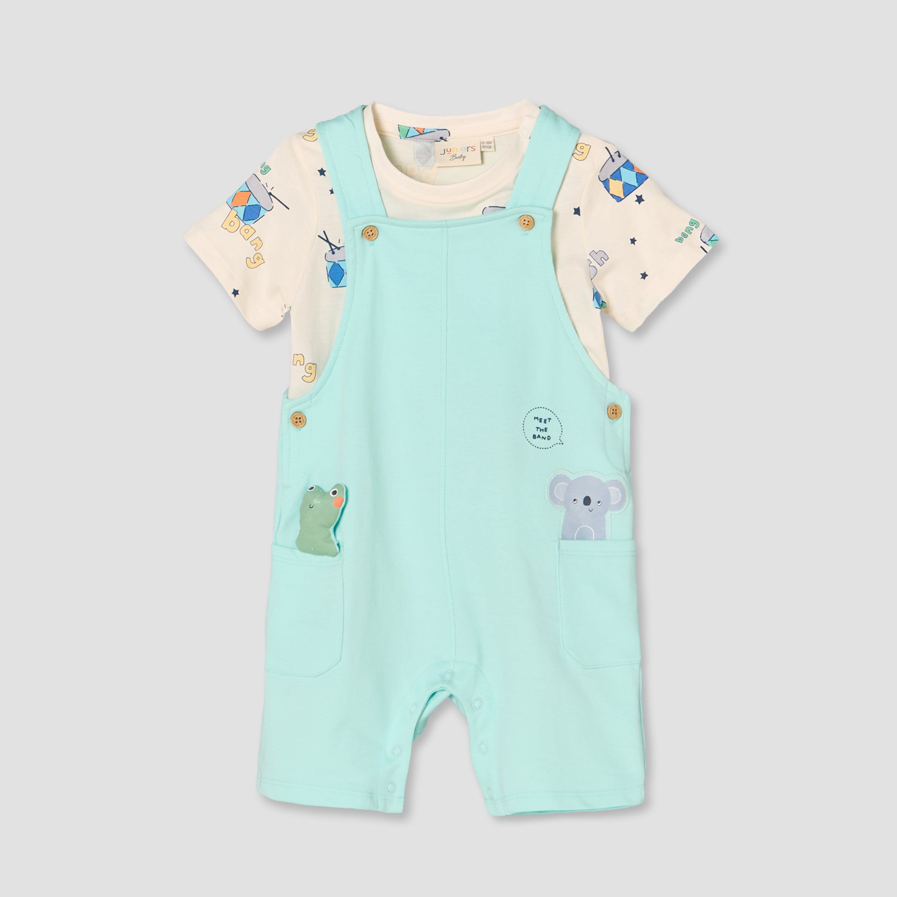 Juniors Round Neck Short Sleeves T-shirt and Dungaree Set with Drum Print