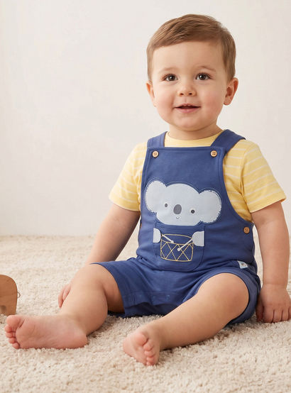 Juniors Round Neck Short Sleeves T-shirt and Dungaree Set with Drum Print-baby-boys-clothing-setsandcoords-image-1