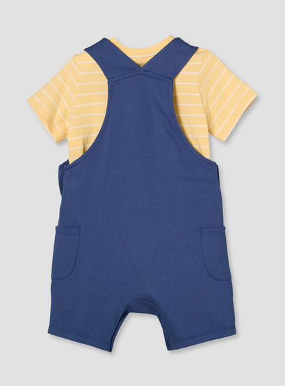 Juniors Round Neck Short Sleeves T-shirt and Dungaree Set with Drum Print-baby-boys-clothing-setsandcoords-image-3