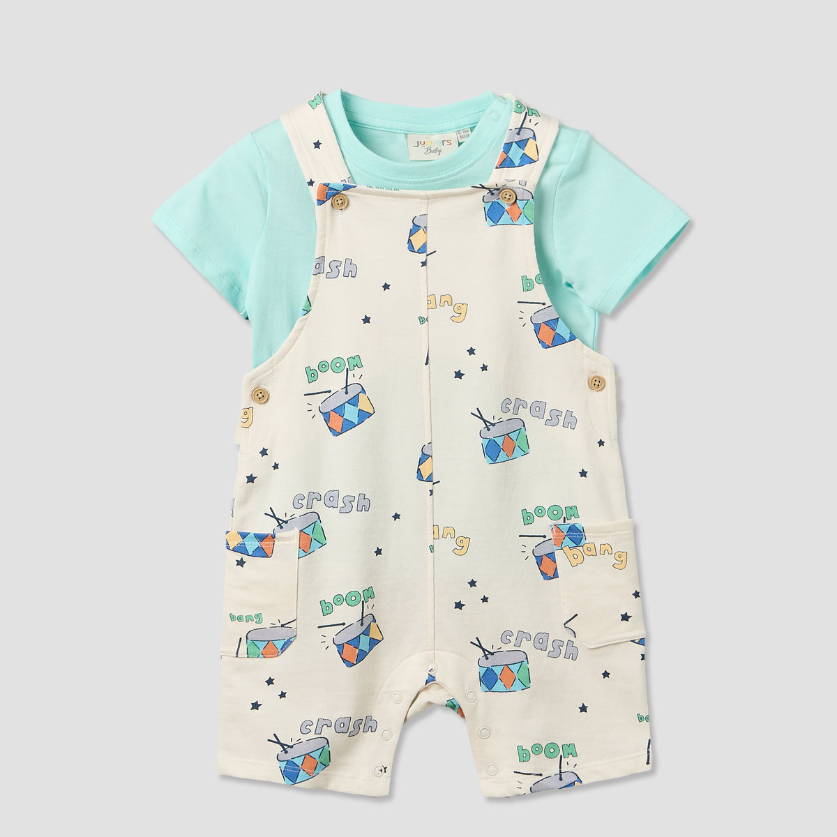 Juniors Round Neck Short Sleeves T-shirt and Dungaree Set with Drum Print