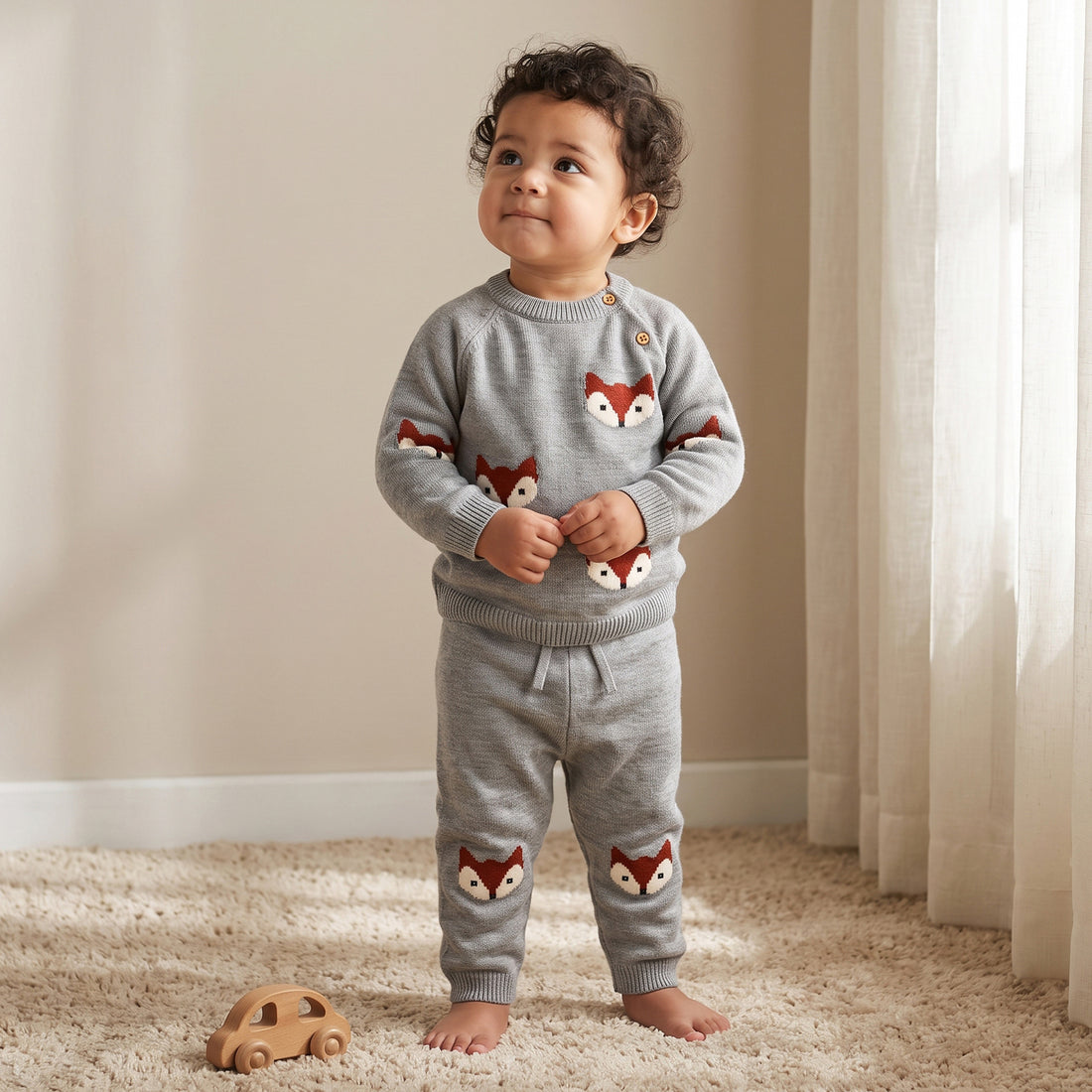 Juniors Crew Neck Long Sleeves Sweater and Pants Set with Fox Accent