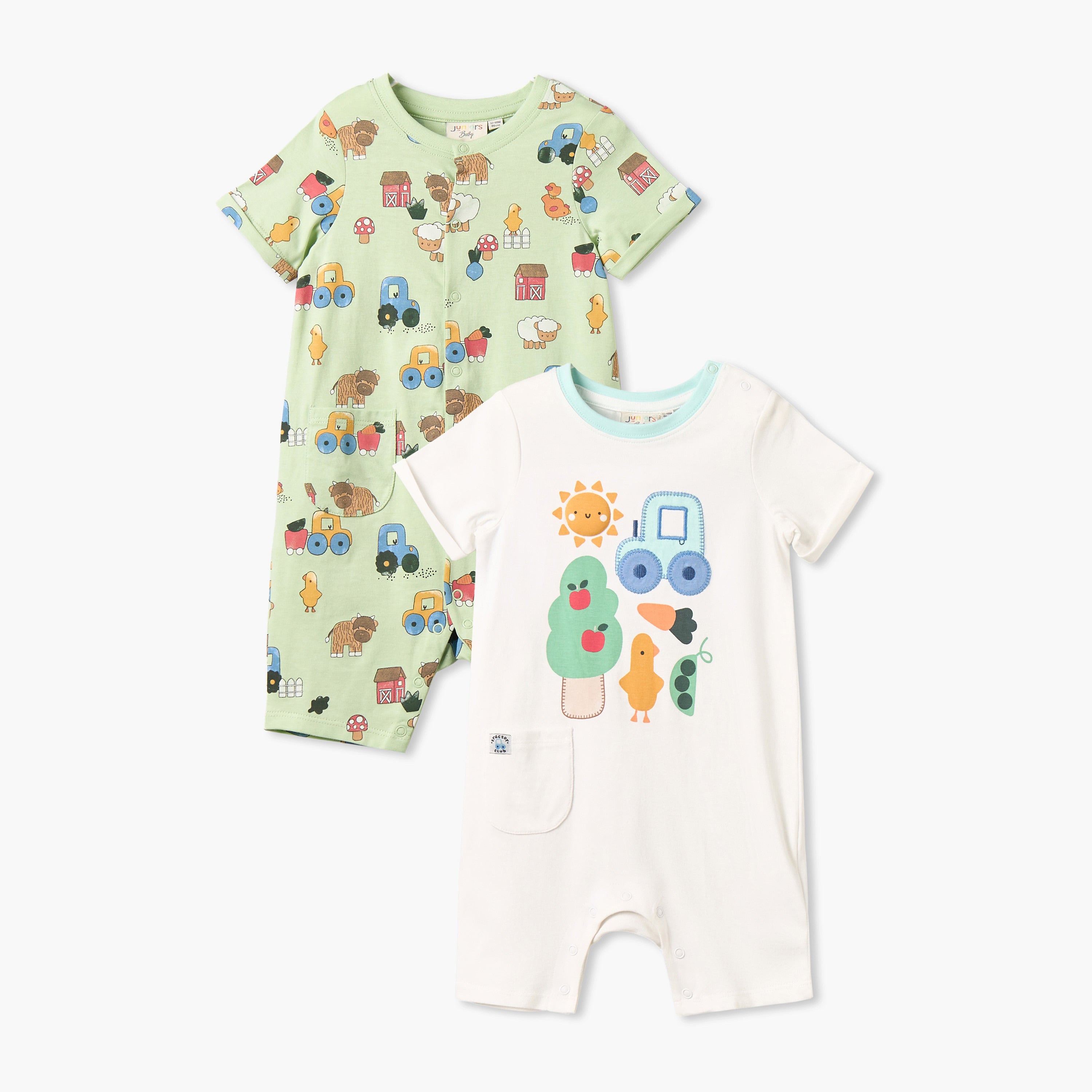 Pack of 2 Juniors Crew Neck Short Sleeves Romper with Farm Print - Multicolour / 12-18 mths