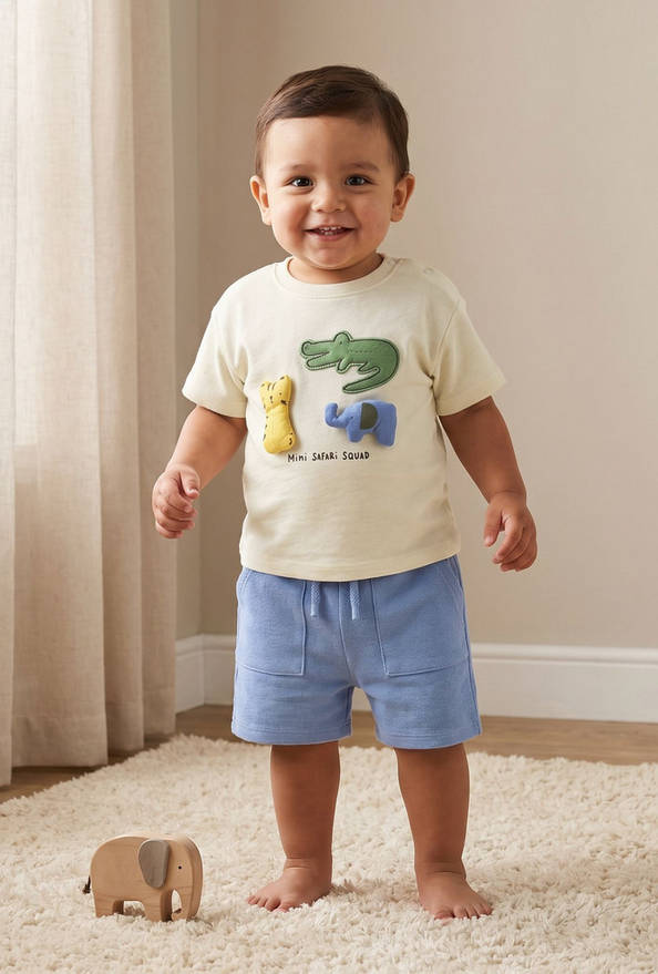 Juniors Crew Neck Short Sleeves T-shirt and Shorts Set with Safari Applique