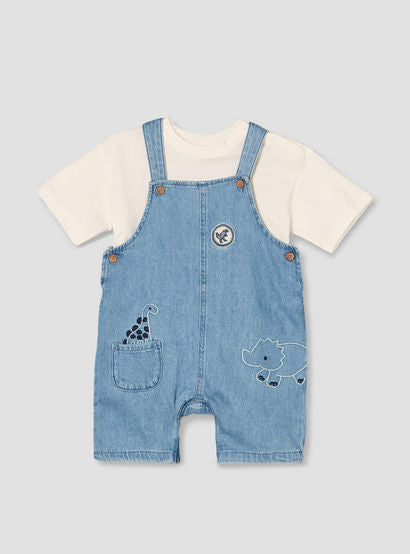 Juniors Round Neck Short Sleeves T-shirt and Dungaree Set with Dinosaur Embroidery-baby-boys-clothing-setsandcoords-image-2