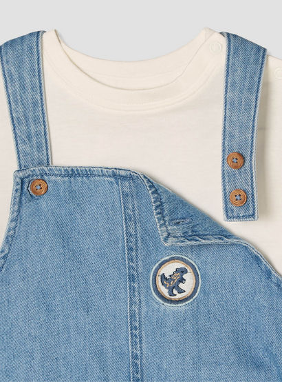 Juniors Round Neck Short Sleeves T-shirt and Dungaree Set with Dinosaur Embroidery-baby-boys-clothing-setsandcoords-image-6