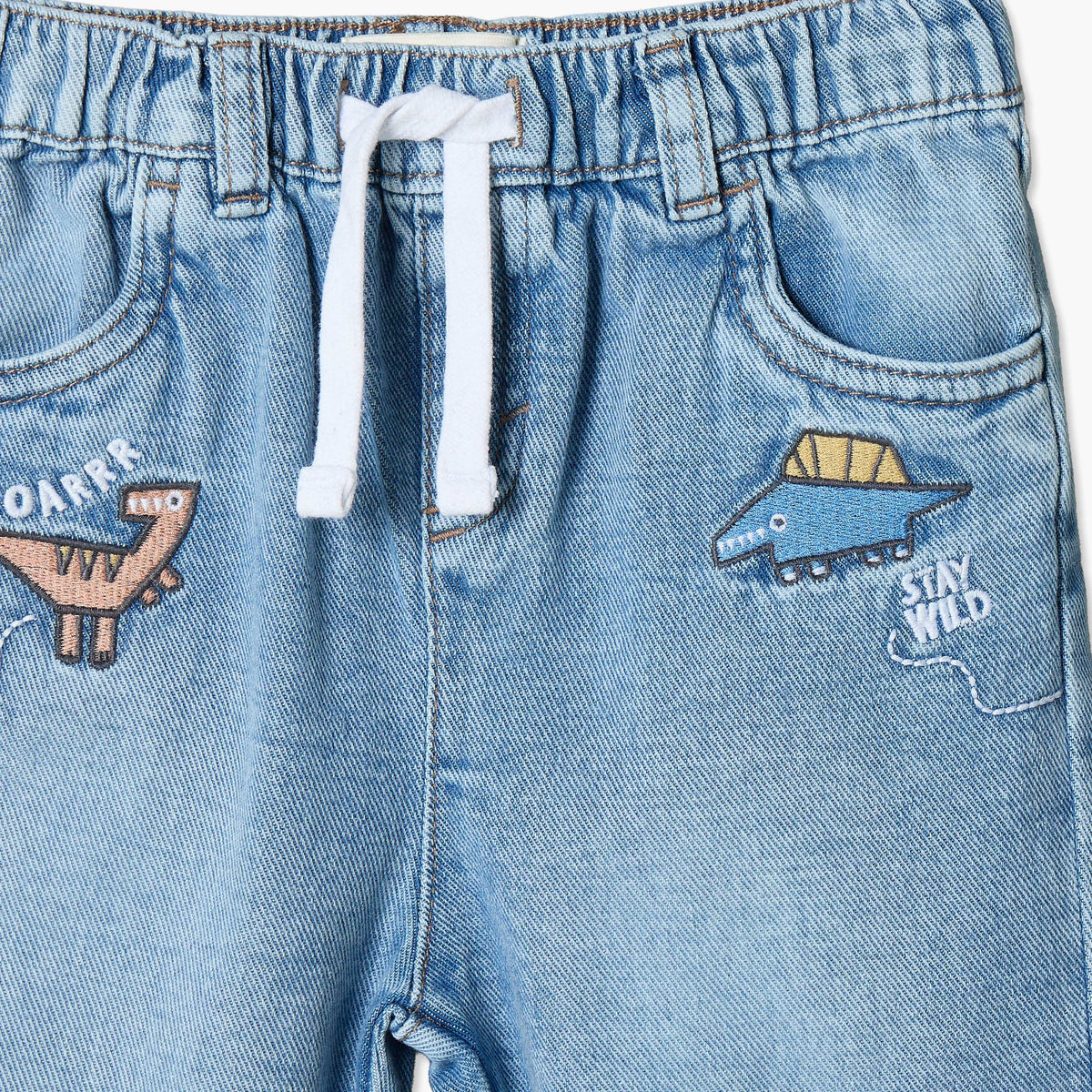 Juniors Jeans with Dinosaur Embroidery, Drawstring Waist