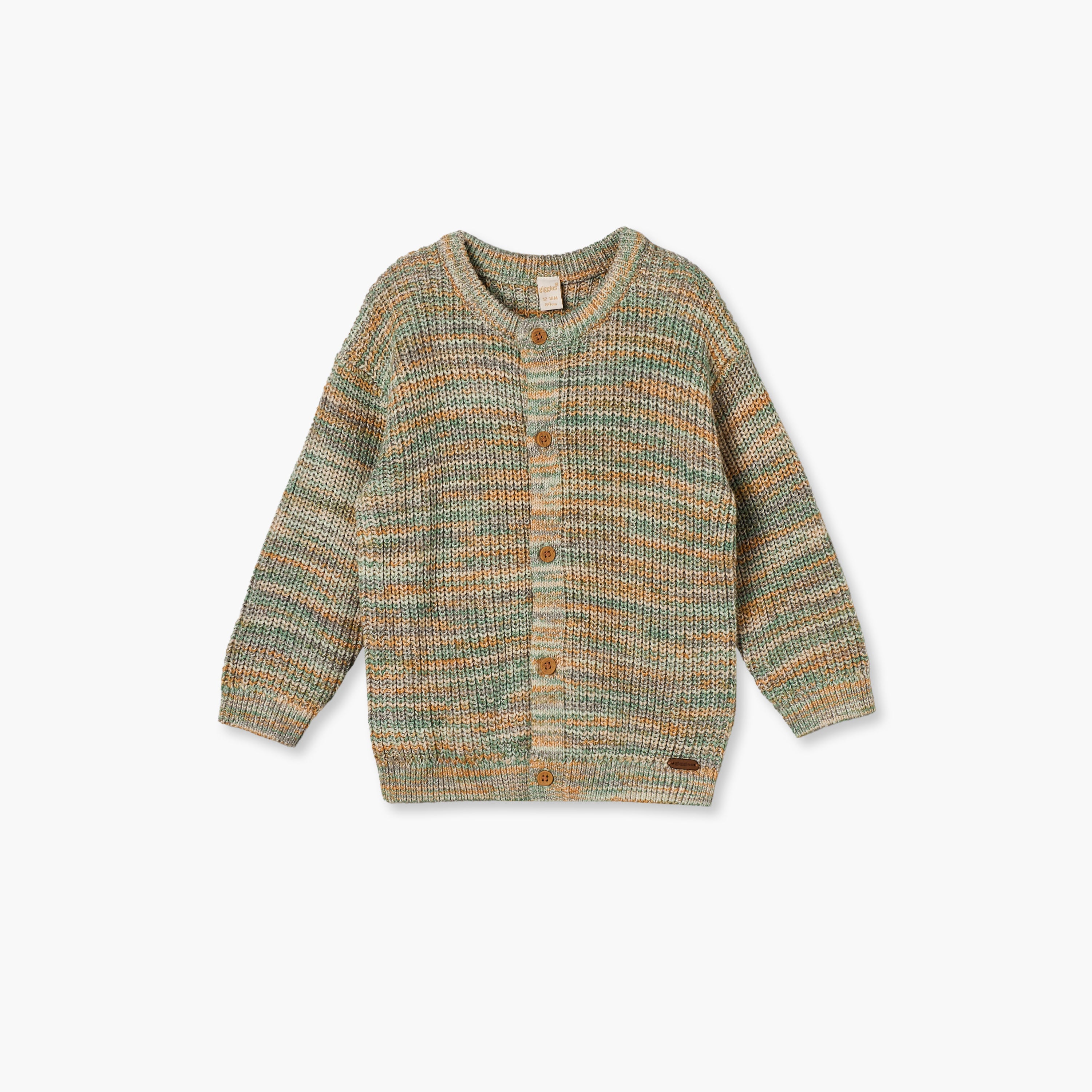 Giggles Crew Neck Cardigan with Button Closure - Green / 12-18 mths
