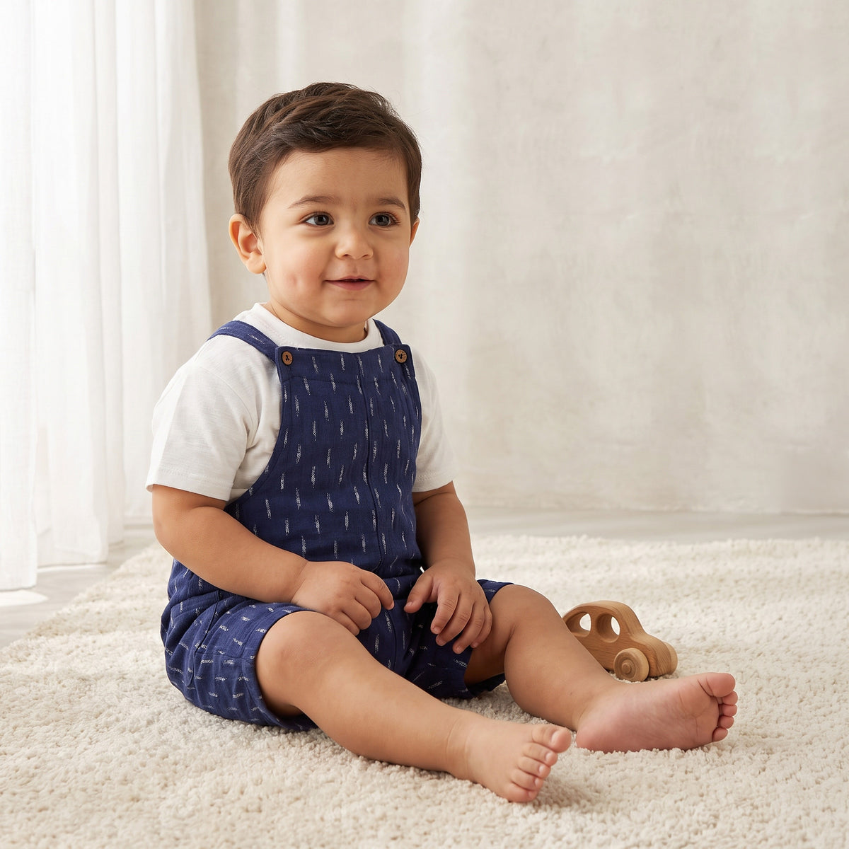 Giggles Crew Neck Short Sleeves T-shirt and Dungaree Set with Button Closure - Blue / 12-18 mths