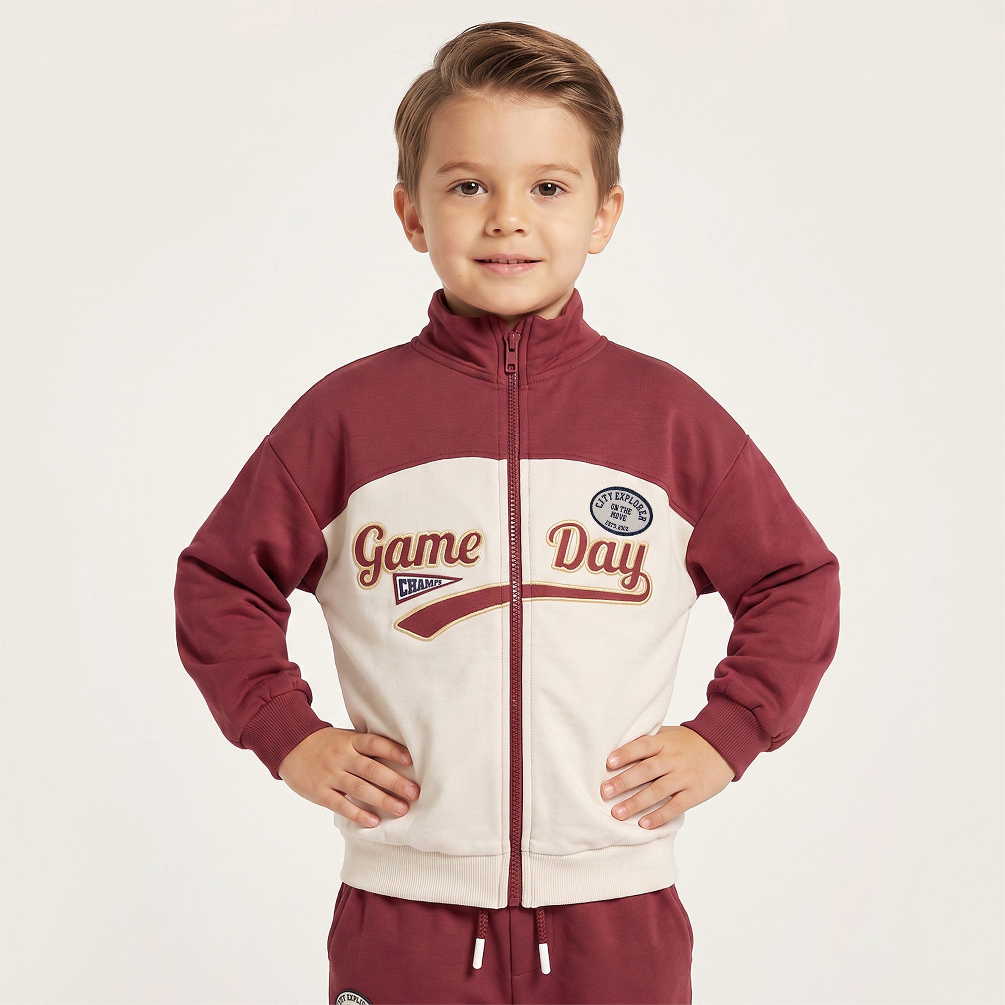 Juniors High Neck Long Sleeves Jacket and Joggers Set with Varsity Embroidery