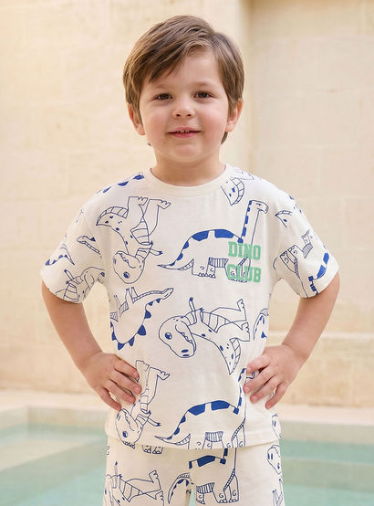 Juniors Crew Neck Short Sleeves T-shirt and Shorts Set with Dinosaur Print-boys-clothing-setsandcoords-image-2
