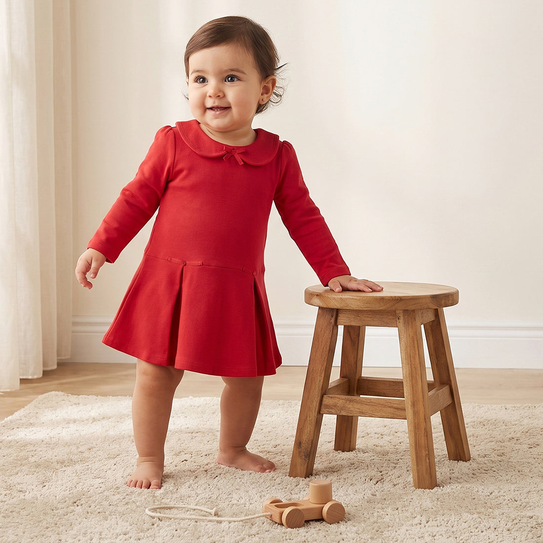 Juniors Peter Pan Collar Long Sleeves Knee Length Dress with Pleated Detail