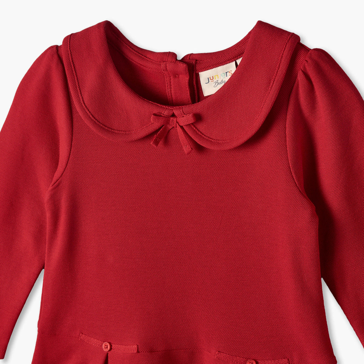 Juniors Peter Pan Collar Long Sleeves Knee Length Dress with Pleated Detail