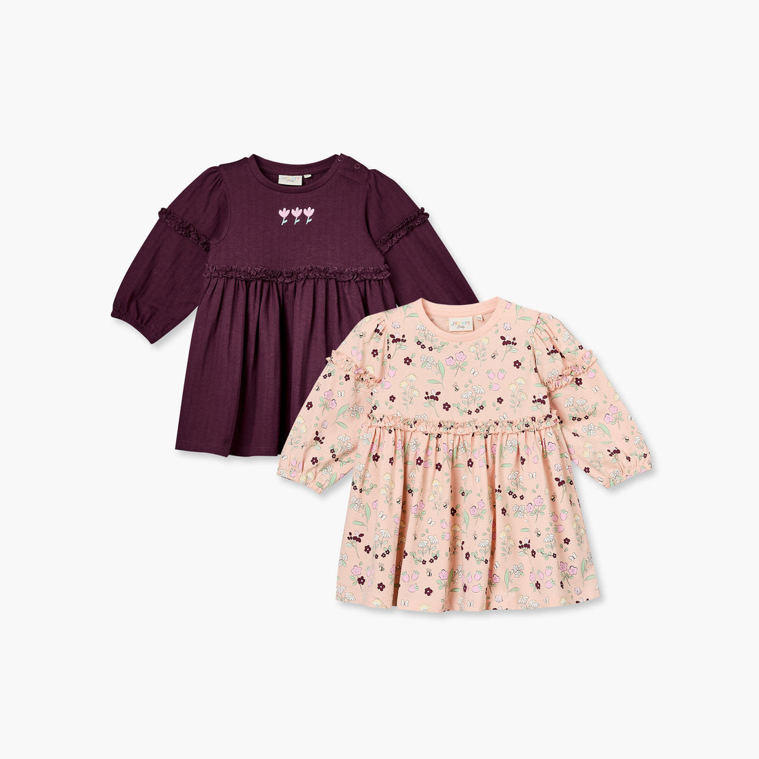Pack of 2 Juniors Round Neck Long Sleeves Knee Length A-line Dress with Floral Print