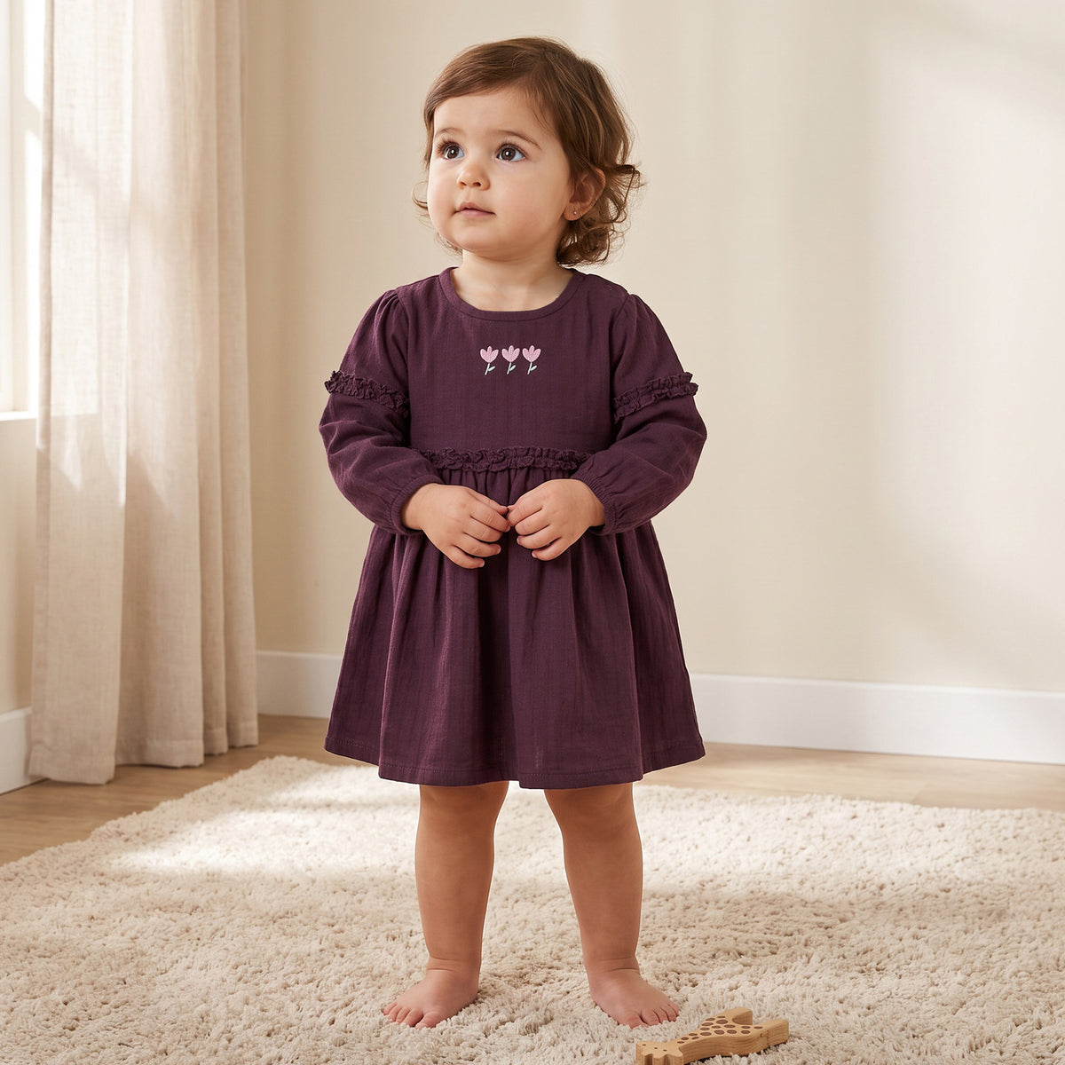 Pack of 2 Juniors Round Neck Long Sleeves Knee Length A-line Dress with Floral Print