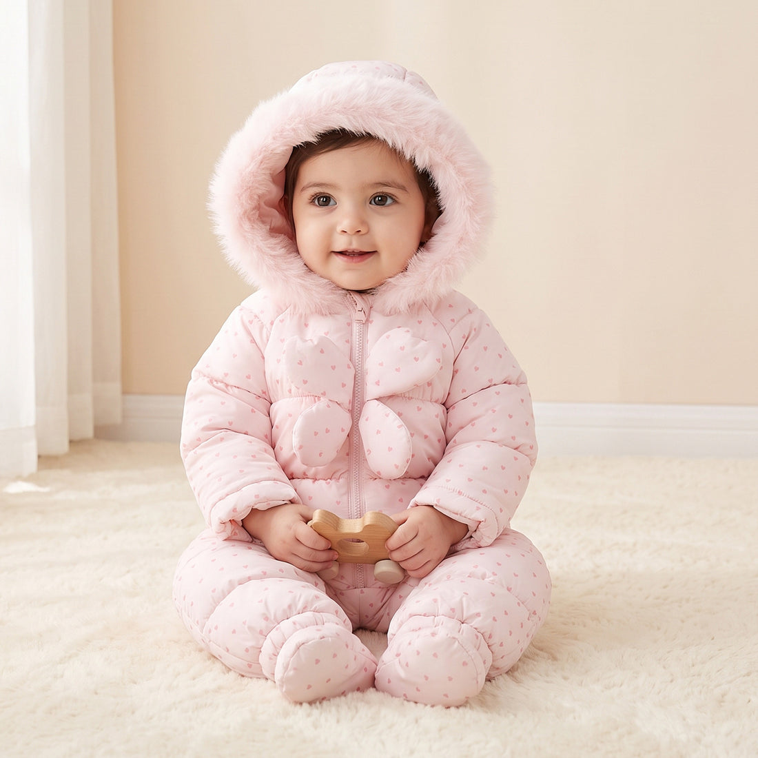 Juniors Hooded Long Sleeves Coverall with Heart Print - Pink / 24-36 mths