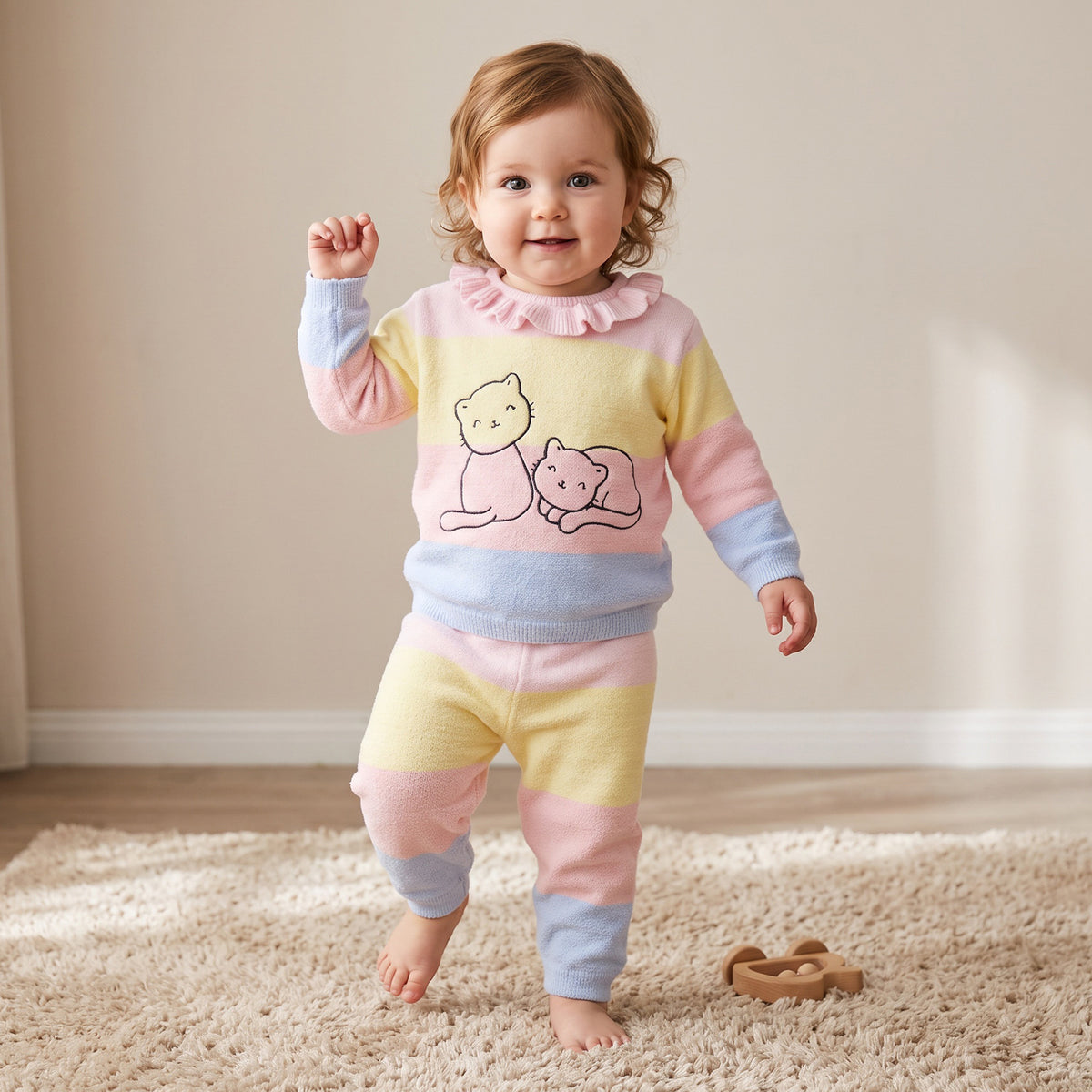 Juniors Ruffle Collared Long Sleeves Sweater and Joggers Set with Cat Print
