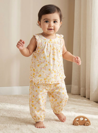 Juniors Round Neck Sleeveless Top and Pants Set with Floral Print-baby-girls-clothing-setsandcoords-image-1