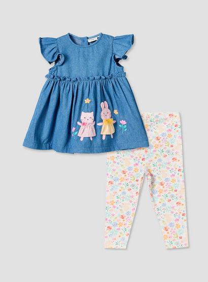 Juniors Round Neck Short Sleeves Denim Dress and Leggings Set with Bunny Applique-baby-girls-clothing-setsandcoords-image-1