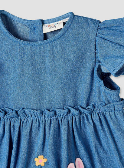 Juniors Round Neck Short Sleeves Denim Dress and Leggings Set with Bunny Applique-baby-girls-clothing-setsandcoords-image-6