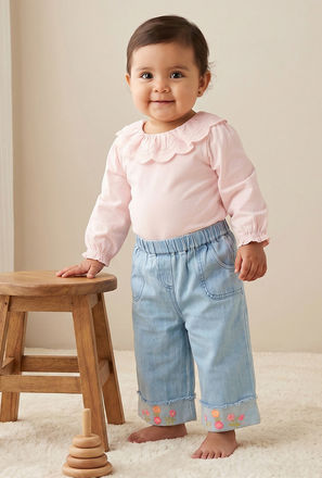 Juniors Round Neck Long Sleeves Top and Jeans Set with Embroidery