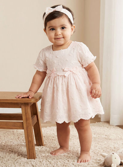 Giggles Square Neck Short Sleeves Knee Length A-line Dress with Headband-baby-girls-clothing-dressesandjumpsuits-image-1