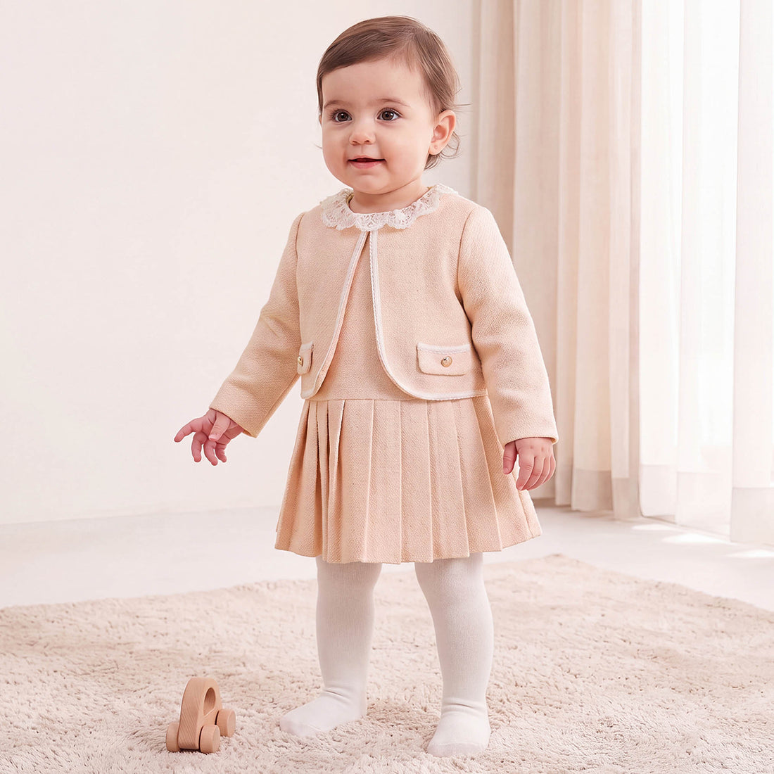Set of 3 Giggles Round Neck Short Sleeves Knee Length Dress with Jacket and Tights - Pink / 24-36 mths