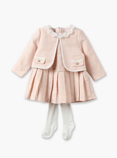 Set of 3 Giggles Round Neck Short Sleeves Knee Length Dress with Jacket and Tights-baby-girls-clothing-dressesandjumpsuits-image-2