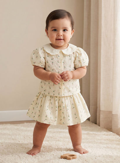Giggles Collared Short Sleeves Shirt and Skirt Set with Floral Print-baby-girls-clothing-setsandcoords-image-1