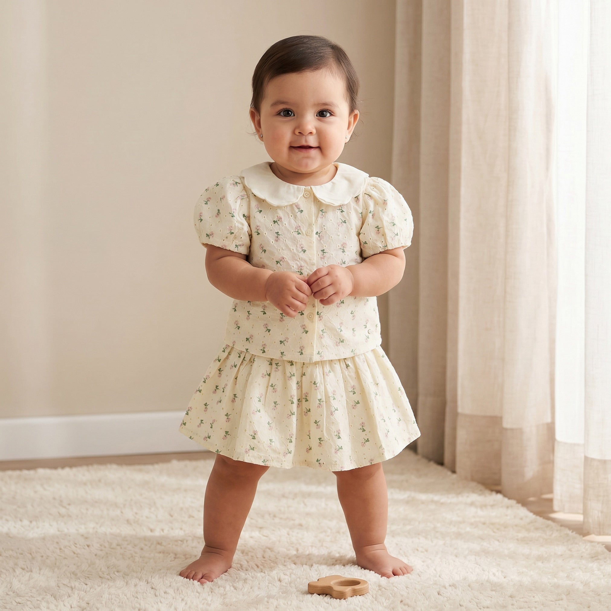 Giggles Collared Short Sleeves Shirt and Skirt Set with Floral Print - Cream / 24-36 mths